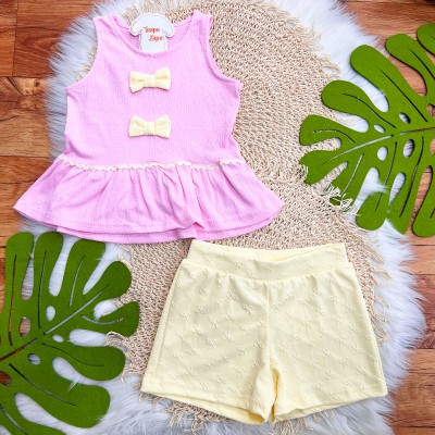  Conj. Blusa Anarruga Dois Laços e Short - Rosa e Amarelo